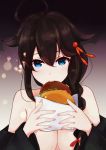  1girl bare_shoulders blue_eyes breasts brown_hair cake_no_shaberu food hair_flaps hamburger highres holding holding_food kantai_collection large_breasts off_shoulder open_clothes shigure_(kantai_collection) solo upper_body 
