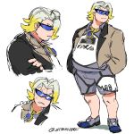  1boy artist_name clenched_teeth crossed_arms gold_necklace grey_footwear grey_shorts gym_leader hands_in_pockets highres jewelry makuwa_(pokemon) male_focus multicolored_hair necklace plump pokemon pokemon_(game) pokemon_swsh shorts simple_background starnivorous sunglasses sweatdrop teeth two-tone_hair two-tone_jacket white_background 