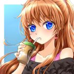  1girl bangs black_shirt blue_background blue_eyes brown_hair collarbone drinking drinking_straw_in_mouth earrings eyebrows_visible_through_hair floating_hair frilled_shirt frills hair_between_eyes hair_ribbon heart heart_earrings highres houjou_hibiki jewelry kanichiri long_hair looking_at_viewer off-shoulder_shirt off_shoulder pink_ribbon portrait precure ribbon shiny shiny_hair shirt solo suite_precure two_side_up very_long_hair white_background 