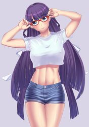  1girl abs absurdres adjusting_eyewear bangs blue_eyes blue_shorts blunt_bangs blush breasts closed_mouth crop_top denim denim_shorts earrings fate/grand_order fate_(series) glasses hair_ribbon hands_up highres jewelry large_breasts long_hair looking_at_viewer midriff navel nozomi_(pixiv146683) purple_hair red-framed_eyewear ribbon saint_martha shirt short_shorts shorts simple_background smile solo straight_hair t-shirt thighs very_long_hair white_ribbon white_shirt 