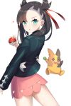  1girl bangs black_hair black_jacket closed_mouth dress earrings eyebrows_visible_through_hair gen_8_pokemon green_eyes hair_ribbon hand_up holding holding_poke_ball jacket jewelry long_hair long_sleeves looking_at_viewer looking_to_the_side mary_(pokemon) morpeko pink_dress poke_ball poke_ball_(generic) pokemon pokemon_(creature) pokemon_(game) pokemon_swsh red_ribbon ribbon simple_background tongue tongue_out twintails upper_teeth v-shaped_eyebrows w.k white_background 