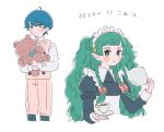  1boy 1girl blue_eyes blue_hair bow braid byleth_(fire_emblem) byleth_eisner_(male) closed_mouth cup fire_emblem fire_emblem:_three_houses green_eyes green_hair hair_bow highres holding holding_stuffed_animal long_hair long_sleeves maid maid_headdress pants pointy_ears short_hair simple_background smile sothis_(fire_emblem) stuffed_animal stuffed_toy teacup teapot teddy_bear twin_braids upper_body usus_0 white_background younger 