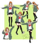  1girl belt_boots black_footwear blush boots collage cross-laced_footwear fur_trim glasses headphones jacket knee_boots lace-up_boots long_hair looking_at_viewer multiple_views orange_hair persona persona_5 persona_5:_dancing_star_night sakura_futaba smile thigh-highs thighhighs_under_boots werkbau 