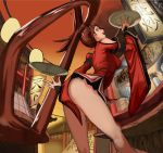 1girl bare_legs bent_over breasts brown_eyes brown_hair china_dress chinese_clothes chopsticks cowboy_shot day dress flasso food_stand guilty_gear hair_ring highres kuradoberi_jam leaning_forward long_hair long_sleeves looking_at_viewer medium_breasts open_mouth outdoors plate profile short_dress shoulder_cutout smoke solo steam thighs twintails wide_sleeves