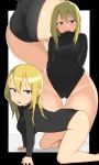  1girl absurdres all_fours apple_(ygbhjdbiulsg) arched_back ass ass_visible_through_thighs bare_legs black_leotard black_sweater blonde_hair blush breasts grey_eyes hair_between_eyes highleg highleg_leotard highres hip_focus leotard looking_at_viewer medium_breasts meme_attire multiple_views open_mouth original sweatdrop sweater thighs turtleneck turtleneck_leotard turtleneck_sweater yellow_eyes 