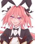  1boy astolfo_(fate) bangs black_bow black_neckwear black_ribbon blush bow bowtie cinq101 fang fate/grand_order fate_(series) hair_bow hair_intakes hair_ribbon heart highres juliet_sleeves long_hair long_sleeves looking_at_viewer multicolored_hair open_mouth otoko_no_ko pink_hair puffy_sleeves ribbon simple_background smile solo streaked_hair twintails violet_eyes white_background white_hair 
