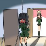  +++ 3girls bangs black_footwear black_hair black_headwear black_legwear black_skirt blonde_hair blue_eyes blush brown_hair carrying closed_mouth commentary cosplay doorway full-face_blush fume girls_und_panzer green_jacket green_jumpsuit indoors jacket katyusha katyusha_(cosplay) kogane_(staygold) long_sleeves looking_at_another looking_at_mirror lowres miniskirt mirror multiple_girls nina_(girls_und_panzer) no_eyes nonna open_mouth pleated_skirt pravda_military_uniform pravda_school_uniform red_shirt school_uniform shirt shoes short_jumpsuit shoulder_carry skirt smile socks standing swept_bangs tank_helmet turtleneck twitter_username 