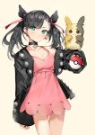  1girl absurdres aqua_eyes asymmetrical_bangs bangs bare_shoulders beige_background black_choker black_hair black_jacket black_nails breasts choker closed_mouth collarbone dress earrings eyebrows_visible_through_hair gen_8_pokemon hair_ribbon highres holding holding_poke_ball jacket jewelry long_sleeves looking_at_viewer mary_(pokemon) morpeko nail_polish off_shoulder open_clothes open_jacket pink_dress poke_ball poke_ball_(generic) pokemon pokemon_(creature) pokemon_(game) pokemon_swsh red_ribbon revision ribbon silver_(chenwen) simple_background sleeveless sleeveless_dress sleeves_past_wrists small_breasts smile twintails 