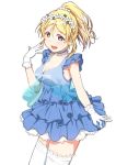  1girl ayase_eli bangs beads blonde_hair blue_choker blue_dress blue_eyes blush breasts choker commentary_request dress eyebrows_visible_through_hair flower frilled_choker frilled_dress frilled_legwear frills gloves hair_beads hair_flower hair_ornament hand_up highres looking_at_viewer love_live! love_live!_school_idol_project open_mouth ponytail simple_background skull573 sleeveless smile solo thigh-highs white_background white_gloves white_legwear 