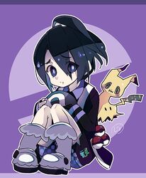  1boy ahoge ankle_socks black_hair gloves gym_leader highres male_focus mask mimikyu onion_(pokemon) poke_ball poke_ball_(generic) pokemon pokemon_(game) pokemon_swsh short_hair shorts single_glove sitting solo suspender_shorts suspenders violet_eyes xcx_xcx_xcx 