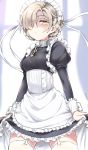  1girl absurdres apron azur_lane bangs black_dress blush breasts chain closed_mouth collarbone commentary_request curtains dress eyebrows_visible_through_hair frilled_apron frilled_dress frills garter_straps glint hair_over_one_eye highres juliet_sleeves light_brown_hair long_sleeves looking_at_viewer maid maid_headdress medium_breasts orange_eyes puffy_sleeves ryuki_(ryukisukune) sheffield_(azur_lane) skirt_hold solo thigh-highs waist_apron white_apron white_legwear window 