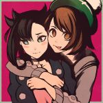  2girls :p aqua_eyes arm_around_shoulder black_hair black_jacket blush_stickers brown_hair cardigan choker closed_mouth dress face hat hug hug_from_behind jacket long_sleeves looking_at_viewer looking_away looking_to_the_side mary_(pokemon) moshimoshibe multiple_girls pink_background pink_dress pokemon pokemon_(game) pokemon_swsh short_hair simple_background tongue tongue_out wavy_mouth yuri yuuri_(pokemon) 