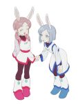  2girls :o ^_^ animal_ears aqua_eyes arms_behind_back blue_hair bob_cut bodysuit_under_clothes boots character_request closed_eyes clothes_grab doraemon doraemon:_nobita_no_getsumentansaki dress full_body hair_over_shoulder leaning_forward long_sleeves low_twintails mabui_(poloon) multiple_girls rabbit_ears redhead sash simple_background smile standing twintails white_background 