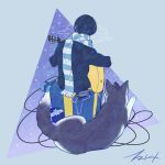  1boy animal black_hair box cable earphones earphones electric_guitar facing_away from_behind gift gift_box guitar instrument long_sleeves male_focus original scarf short_hair signature sitting striped striped_scarf tablet_pc takigraphic triangle wolf 