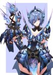 1girl armor armored_dress blue_eyes blue_hair blush breasts cleavage highres lips monster_hunter monster_hunter:_world rathalos_(armor) short_hair solo sptuel sword weapon 
