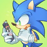  1boy amused animal cellphone chao_(sonic) chin_stroking deviantart furry gloves green_background green_eyes hedgehog highres male_focus mammal original_character phone pockypalooza sega simple_background smartphone solo sonic sonic_team sonic_the_hedgehog sonicluvr100 sora_(company) super_smash_bros. white_gloves yellow_pupils 