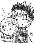  1boy ^_^ animal apollo_(fate) chibi closed_eyes commentary facing_viewer fate/grand_order fate_(series) food greyscale head_wreath holding holding_animal male_focus monochrome open_mouth sheep shrimp simple_background smile solo tempura upper_body white_background |_| 