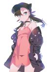  1girl anpolly aqua_eyes asymmetrical_bangs asymmetrical_hair bangs bare_shoulders black_choker black_hair black_jacket breasts choker commentary_request dress earrings hair_ribbon highres jacket jewelry long_sleeves looking_at_viewer mary_(pokemon) open_clothes pink_dress pokemon pokemon_(game) pokemon_swsh ribbon simple_background solo twintails white_background 
