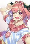  1boy astolfo_(fate) bangs beppu_mitsunaka black_bow blush bow braid fang fate/apocrypha fate/grand_order fate_(series) hair_between_eyes hair_bow hair_intakes hand_up long_braid long_hair looking_at_viewer midriff multicolored_hair navel one_eye_closed open_mouth otoko_no_ko pink_hair pink_neckwear pink_sailor_collar pink_serafuku pink_skirt sailor_collar school_uniform self_shot serafuku shirt short_sleeves simple_background single_braid skirt smile solo streaked_hair v violet_eyes white_background white_hair white_shirt 