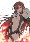  1girl artist_request breasts brown_hair choker ear_piercing fang fate/grand_order fate_(series) fire fur_collar long_hair navel piercing red_eyes under_boob white_background 
