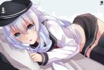  1girl absurdres anchor_symbol black_legwear blue_eyes blush eyebrows_visible_through_hair flat_cap hair_between_eyes hair_ornament hat hibiki_(kantai_collection) hibiki_zerocodo highres kantai_collection long_hair long_sleeves looking_at_viewer lying navel neckerchief on_side open_mouth pleated_skirt red_neckwear school_uniform serafuku silver_hair skirt solo thigh-highs 