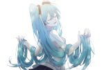  1girl aqua_hair bare_shoulders black_skirt bloom blurry bokeh closed_eyes commentary depth_of_field eiku facing_viewer from_side grey_shirt hair_ornament hands_up hatsune_miku headphones holding holding_hair long_hair open_mouth shirt skirt sleeveless sleeveless_shirt smile solo symbol_commentary twintails very_long_hair vocaloid white_background 