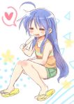  1girl :3 ahoge bangs bare_legs barefoot blue_hair blush closed_eyes collarbone commentary_request eating eyebrows_visible_through_hair food full_body green_shorts hand_up heart izumi_konata long_hair lucky_star mole mole_under_eye open_mouth orange_shirt popsicle sandals shirt shorts sitting sketch smile solo tatsunokosso very_long_hair white_background 