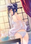  1girl absurdres ass bangs bare_shoulders black_hair blue_eyes blurry blurry_background cup highres indoors looking_at_viewer looking_back miwabe_sakura mouth_hold off_shoulder original scan shiny shiny_hair shirt solo teacup teapot tied_hair underwear white_shirt 