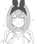  1girl :d ^_^ bangs blush closed_eyes collarbone commentary_request drawstring eyebrows_behind_hair facing_viewer go-toubun_no_hanayome greyscale hair_between_eyes hair_ribbon hands_up heart heart_in_mouth highres hood hood_down hoodie kujou_karasuma long_sleeves monochrome nakano_yotsuba open_mouth ribbon signature simple_background smile solo white_background 