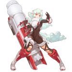  1girl at-4_pani black_gloves bodysuit breasts gloves green_hair highres huge_weapon last_origin light_green_hair long_hair red_eyes skindentation smile solo tachi-e very_long_hair weapon white_background 