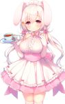  1girl animal_ears apron bangs bare_shoulders blush bow breasts center_frills closed_mouth commentary_request cup elbow_gloves eyebrows_visible_through_hair flower frills gloves hair_between_eyes hair_bow hands_up highres holding holding_tray jug large_breasts long_hair looking_at_viewer low_twintails original pink_bow pink_skirt pleated_skirt rabbit_ears red_eyes saucer shirt simple_background skindentation skirt sleeveless sleeveless_shirt smile solo spoon tea teacup thigh-highs tray twintails usashiro_mani very_long_hair white_apron white_background white_gloves white_hair white_legwear white_shirt yellow_flower 