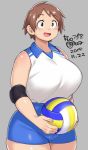  1girl agawa_ryou ball blue_shorts breasts brown_eyes brown_hair commentary cowboy_shot dated elbow_pads english_commentary eyebrows_visible_through_hair fat_mons freckles grey_background holding holding_ball huge_breasts original shirt short_hair shorts signature skindentation sleeveless sleeveless_shirt solo sportswear standing thick_thighs thighs tomboy volleyball volleyball_uniform 