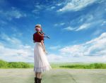 1girl 3d absurdres aerith_gainsborough blue_sky bow bracelet braid braided_ponytail brown_hair cg clouds cropped_jacket dress english_commentary facing_away female final_fantasy final_fantasy_vii final_fantasy_vii_remake from_behind hair_bow highres jacket jewelry mountainous_horizon official_art outdoors pink_bow pink_dress red_jacket single_braid sky solo standing tree