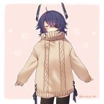  1girl artist_name black_legwear breasts brown_sweater closed_eyes eyebrows_visible_through_hair eyepatch facing_viewer hair_over_one_eye kantai_collection kotobuki_(momoko_factory) long_sleeves medium_breasts purple_hair short_hair sleeves_past_wrists solo sweater tenryuu_(kantai_collection) thigh-highs turtleneck turtleneck_sweater twitter_username 