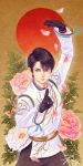  1boy 2018_winter_olympics black_gloves black_hair bracelet cowboy_shot figure_skating flower gloves hanyuu_yuzuru jewelry leaf long_sleeves male_focus olympics pink_flower real_life red_sun short_hair signature smile solo takigraphic white_flower 