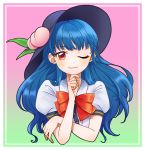 1girl black_headwear blue_hair bow bowtie eyebrows_visible_through_hair food fruit gradient gradient_background hand_on_own_chin hat highres hinanawi_tenshi leaf long_hair looking_at_viewer mito_(mo96g) one_eye_closed peach puffy_short_sleeves puffy_sleeves red_eyes red_neckwear shirt short_sleeves solo touhou upper_body white_shirt 