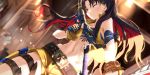  bandaid belt black_hair calamity_jane_(fate/grand_order) earrings fate/grand_order fate_(series) fingerless_gloves gloves gun highres holster hoop_earrings jewelry katana long_hair midriff multicolored_hair navel one_eye_closed red_eyes redhead shorts space_ishtar_(fate) sword tsuuhan two-tone_hair weapon 