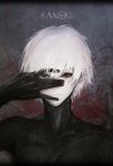  1boy black_eyes black_sclera closed_mouth collarbone floral_background flower hand_on_own_face heterochromia highres kaneki_ken making-of_available male_focus marumoru red_eyes signature solo spider_lily tight tokyo_ghoul tokyo_ghoul:re white_hair 