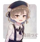  1girl :d beret black_headwear blush brown_eyes brown_hair character_name collared_shirt commentary eyebrows_visible_through_hair fang hat hatoba_tsugu hatoba_tsugu_(character) lenko looking_at_viewer open_mouth shirt short_hair skin_fang smile solo suspenders virtual_youtuber white_shirt wing_collar 