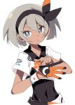  1girl black_hairband blue_eyes bodysuit covered_navel eyebrows_visible_through_hair gloves grey_hair hairband ixy looking_at_viewer pokemon pokemon_(game) pokemon_swsh saitou_(pokemon) short_hair short_sleeves simple_background single_glove solo white_background 