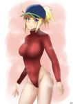  1girl absurdres artoria_pendragon_(all) aya_(user_ddya7452) baseball_cap blonde_hair blue_eyes blue_headwear breasts commentary_request contrapposto covered_navel cowboy_shot fate/grand_order fate_(series) hat highleg highleg_leotard highres leotard long_hair looking_at_viewer medium_breasts mysterious_heroine_xx_(foreigner) pink_background ponytail red_leotard ribbed_leotard solo standing steam sweat turtleneck turtleneck_leotard two-tone_background 