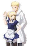  1boy 1girl 2019 apron artoria_pendragon_(all) bangs black_legwear black_shirt blonde_hair blue_ribbon blue_shirt blue_skirt braid braided_bun clenched_teeth collarbone couple dated detached_collar fate/stay_night fate_(series) frilled_apron frills garters gilgamesh green_eyes grey_pants hand_in_pocket hand_on_hip highres holding_hands jewelry layered_skirt maid maid_headdress miniskirt neck_ribbon pants pikoguramyu pleated_skirt red_eyes ribbon ring saber shadow shirt short_hair short_sleeves simple_background skirt teeth thigh-highs tied_hair waist_apron white_apron white_background wrist_cuffs 