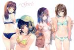  4girls absurdres ass bare_shoulders blue_eyes bow bow_bra bow_panties bra breasts brown_hair fingernails from_behind hands_up highres jacket looking_at_viewer looking_back medium_breasts miwabe_sakura multiple_girls nail_polish open_clothes open_jacket original panties parted_lips simple_background sleeveless thighs underwear underwear_only upper_body violet_eyes yellow_eyes 