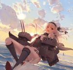  +_+ 2girls absurdres aircraft aircraft_request backlighting bangs black_headband bodysuit breasts cape character_request chou-10cm-hou-chan_(suzutsuki&#039;s) clothes_writing clouds cloudy_sky commentary_request firing grey_cape hachimaki hair_ornament headband highres holding holding_weapon kantai_collection long_hair looking_at_viewer medium_breasts multiple_girls neckerchief ocean one_eye_closed one_side_up outdoors pantyhose pleated_skirt propeller_hair_ornament rigging ryouh.s sailor_collar silver_hair skin_tight skirt sky splashing standing standing_on_liquid sunset suzutsuki_(kantai_collection) sweat tagme torpedo torpedo_tubes turret water water_drop weapon white_bodysuit white_legwear white_neckwear 
