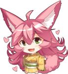  1girl :d ahoge animal_ear_fluff animal_ears bangs barefoot blush chibi commentary_request eyebrows_visible_through_hair fang fox_ears fox_girl fox_tail full_body green_eyes hair_between_eyes heart japanese_clothes kimono long_hair long_sleeves looking_at_viewer obi open_mouth original outstretched_arms pink_hair print_kimono sash simple_background smile solo spread_arms standing tail very_long_hair white_background wide_sleeves yellow_kimono yuuji_(yukimimi) 