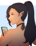  2girls animal_ears bikini black_hair cat_ears cellphone dark_skin earrings elezen elf english_commentary facial_mark final_fantasy final_fantasy_xiv from_behind hair_over_one_eye heart hilda_(ff14) hybrid hyur jewelry koyorin lips long_hair looking_to_the_side m&#039;naago miqo&#039;te multiple_girls phone pink_hair pointy_ears ponytail red_eyes short_hair signature smartphone smile swimsuit two-tone_background v 