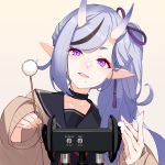  1girl absurdres binaural_microphone blue_hair ear_picking facing_viewer hair_ribbon highres horns long_hair realmbw ribbon rindou_mikoto side_ponytail sleeves_past_wrists solo violet_eyes 
