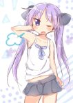  1girl =3 arm_behind_back armpits bangs blue_ribbon blush bow collarbone commentary_request cowboy_shot eyebrows_visible_through_hair frilled_skirt frills hair_bow hair_ornament hiiragi_kagami long_hair looking_at_viewer lucky_star navel one_eye_closed open_mouth purple_hair ribbon shirt sketch skirt solo tatsunokosso twintails violet_eyes white_background white_shirt 