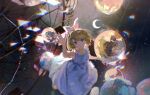  1girl absurdres arm_up bare_arms bauble blonde_hair blue_eyes bow chromatic_aberration commentary crescent_moon dated_commentary dress ferris_wheel full_body hair_bow hair_ornament hairclip highres kagamine_rin lobelia_(saclia) moon parted_lips reaching_out short_hair sleeveless sleeveless_dress solo vocaloid white_bow white_dress 