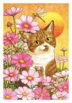  animal border bug cat cat_focus dragonfly flower gradient insect looking_at_viewer no_humans original pink_flower signature sun takigraphic white_border 